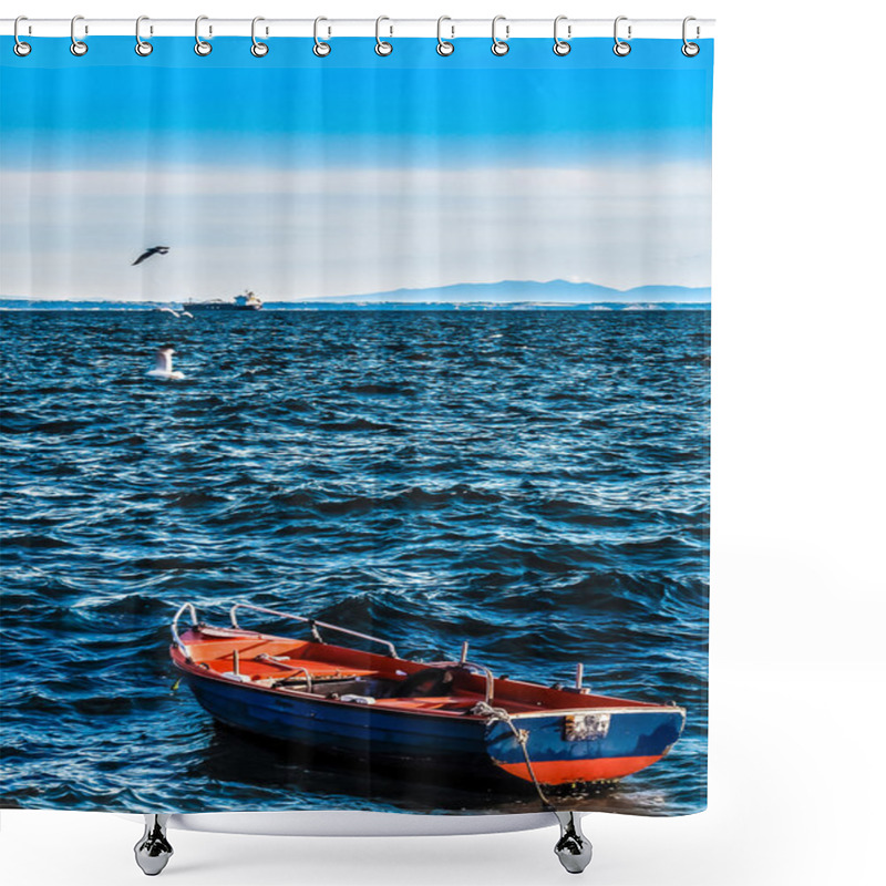 Personality  Empty Fishing Boat In The Wavy Sea With Mountains And Lighthouse Shower Curtains