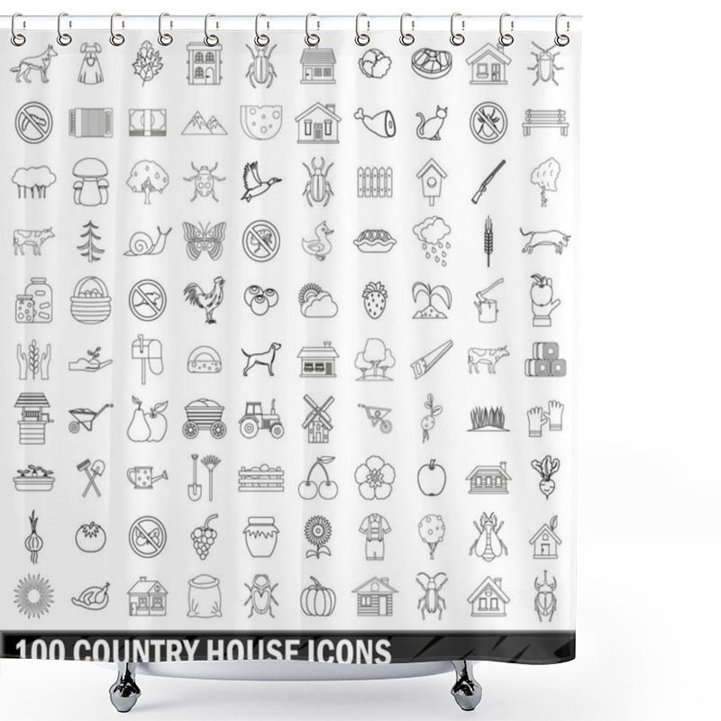 Personality  100 Country House Icons Set, Outline Style Shower Curtains