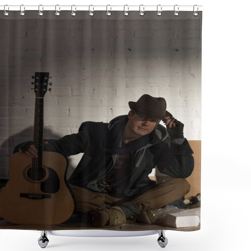 Personality  Homeless Man In Hat Sitting On Cardboard By White Brick Wall And Holding Guitar Shower Curtains