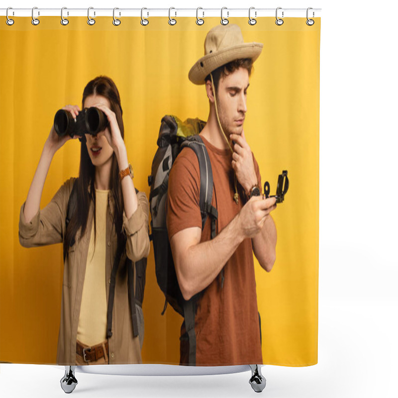 Personality  Couple Of Tourists With Backpacks And Binoculars Looking At Compass On Yellow Shower Curtains