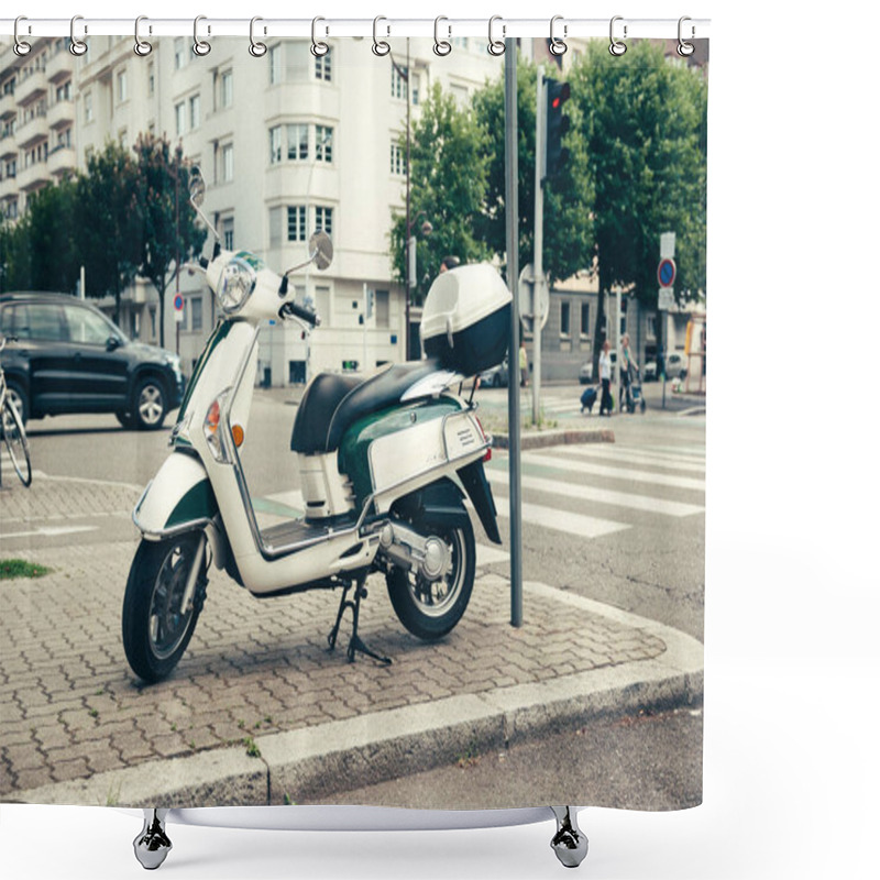 Personality  PARIS, FRANCE - JUN 27, 2015: Side View Of Piaggio Scooter Parked On A French Street  Shower Curtains