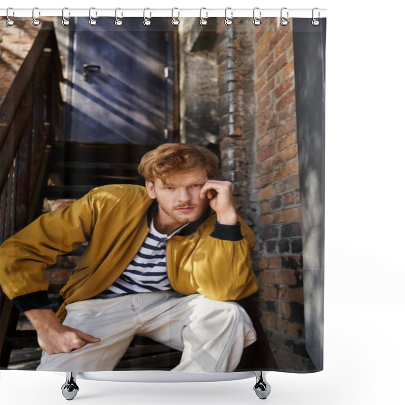 Personality  Red-haired Man In Debonair Attire Sits On Stairs. Shower Curtains