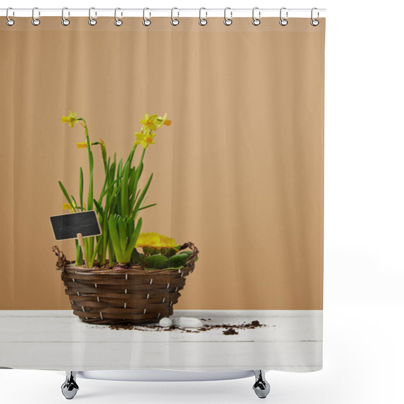 Personality  Yellow Daffodils In Braided Flowerpot On White Table  Shower Curtains