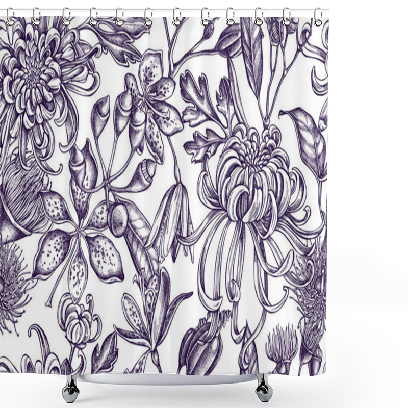 Personality  Artistic Pattern With Japanese Chrysanthemum, Blackberry Lily, Eucalyptus Flower Shower Curtains