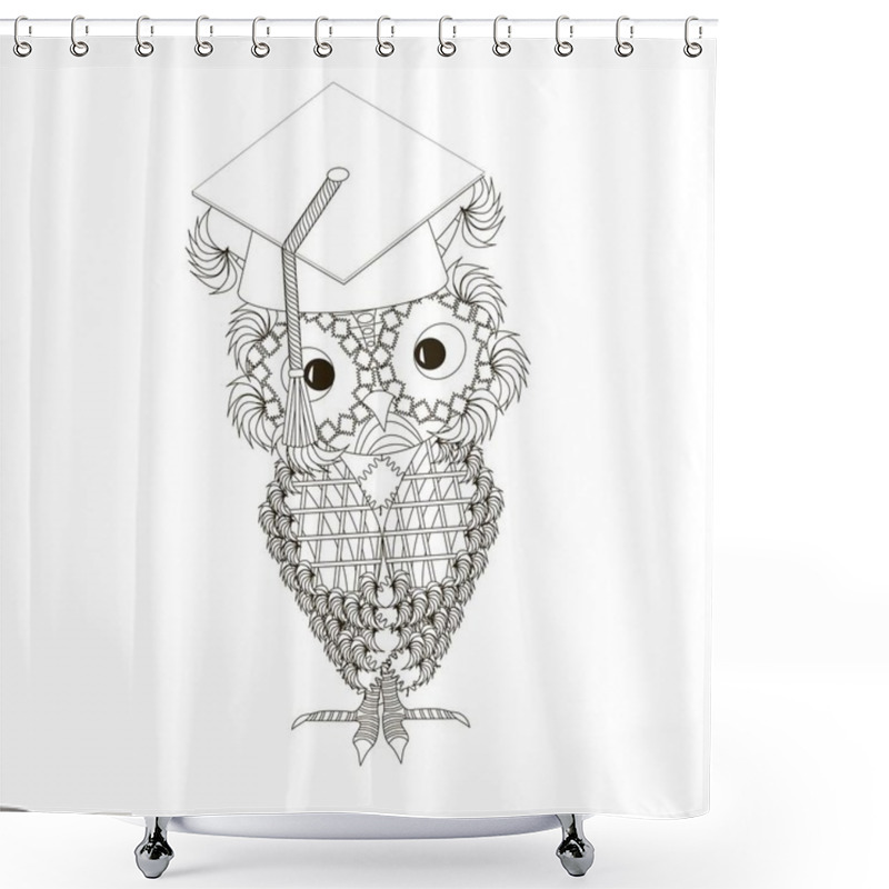 Personality  Stylized Monochrome Owl At Student Cap, Doodle Style Anti Stress Stock Vector Illustration Shower Curtains