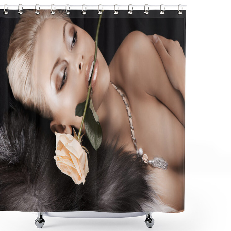 Personality  Glamour Shot Of A Blonde Girl With Fur And Rose Shower Curtains