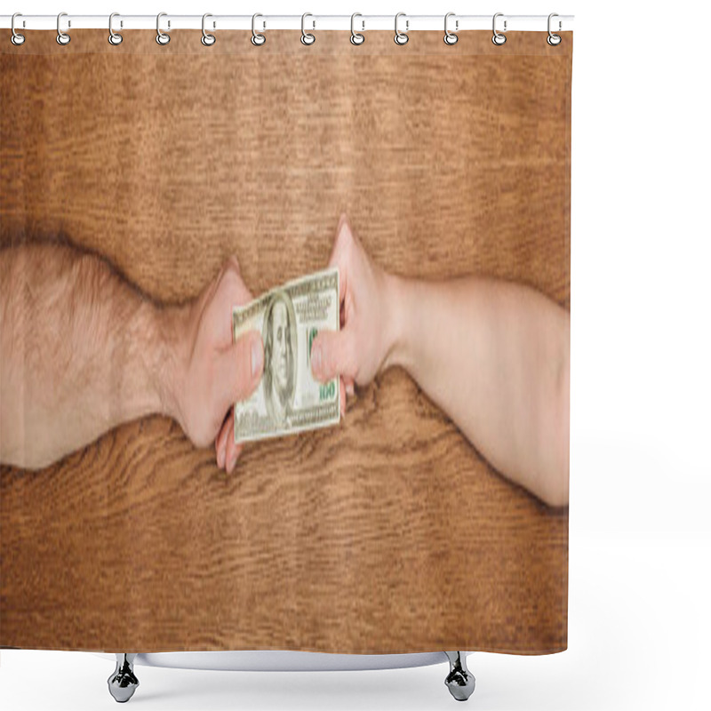 Personality  Cropped View Of Man And Woman Holding Dollar Banknote On Wooden Surface, Panoramic Shot Shower Curtains