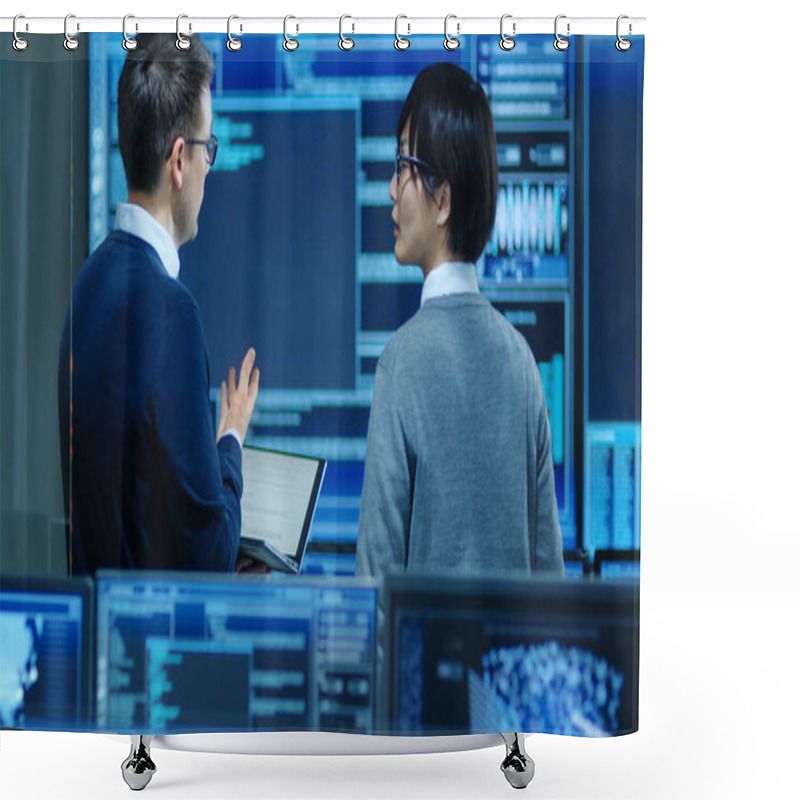 Personality  In The System Control Room IT Specialist And Project Engineer Have Discussion While Holding Laptop, They're Surrounded By Multiple Monitors With Graphics. They Work On Data Mining, AI And Neural Networking. Shower Curtains