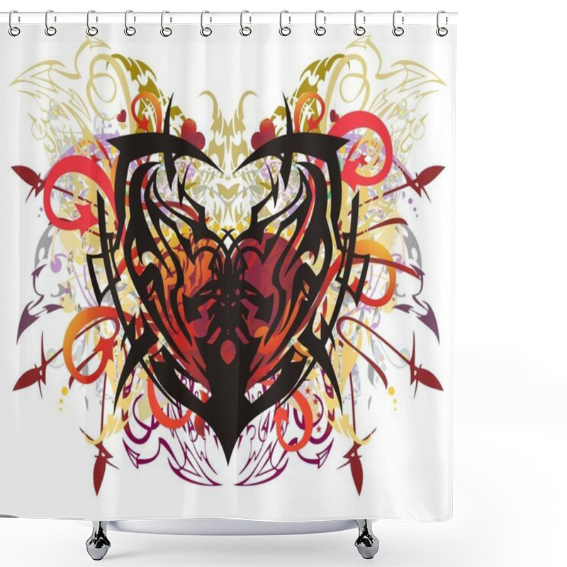 Personality  Colorful Ethnic Heart In Grunge Style. Tribal Symbol - Heart With The Elements Of Arrows And Linear Butterfly Wings, Twirled Floral Elements On A White Background Shower Curtains