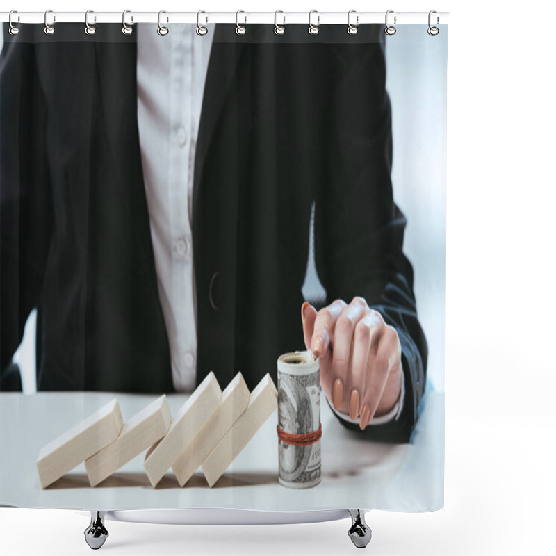 Personality  Partial View Of Businesswoman Sitting At Table With Fallen Row Of Wooden Blocks And Money Roll Shower Curtains