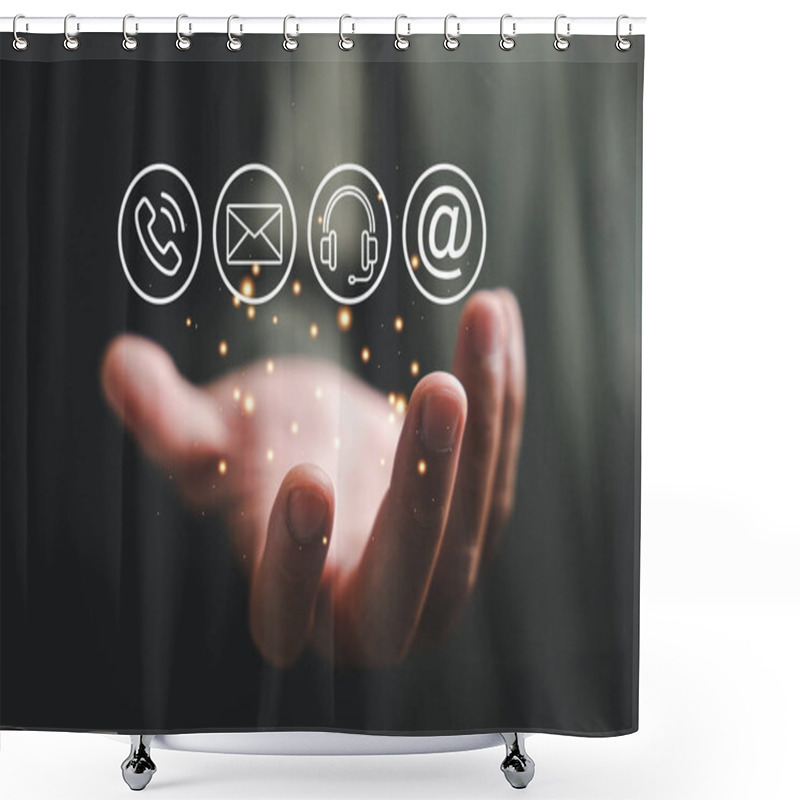 Personality  Contact Us Concept Portrayed By Hand Holding Phone, Mail, And Message Icons. Customer Service Call Center And Feedback Displayed On Banner. Copy Space Available For Communication, Contact And Feedback Shower Curtains