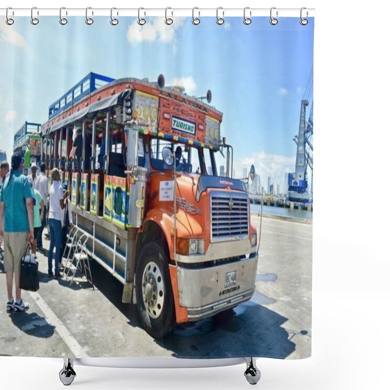 Personality  Tourists Exiting A Tour Bus A The Cruise Ship Pier In Cartagena ,Colombian 19 November 2017 Shower Curtains