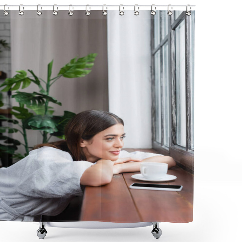 Personality  Dreamy Young Adult Woman Looking Out Window With Head On Hands In Modern Living Room Shower Curtains