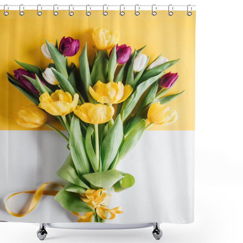 Personality  Top View Of Yellow, Pink And White Tulips With Ribbon For International Womens Day Shower Curtains