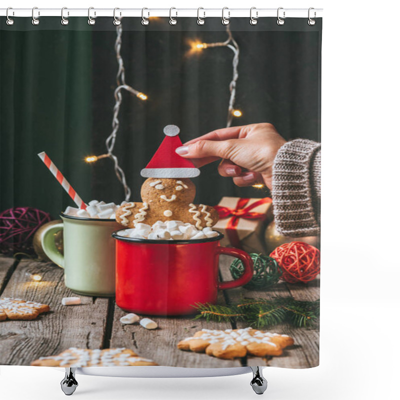 Personality  Woman Holding Christmas Gingerbread Man In Cocoa With Marshmallows On Wooden Table With Light Garland Shower Curtains