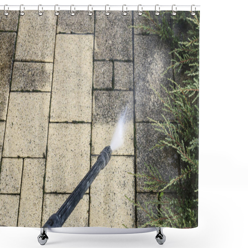 Personality  Cleaning Dirty Paving Stones In The Garden With A Pressure Washer. Home Worker Shower Curtains