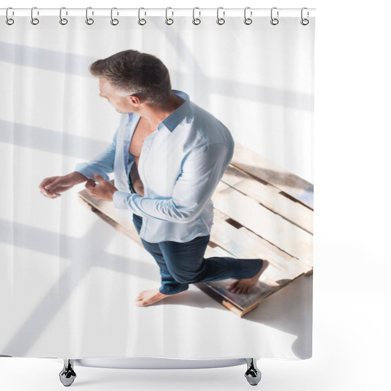 Personality  High Angle View Of Handsome Adult Man Buttoning Shirt On White Shower Curtains