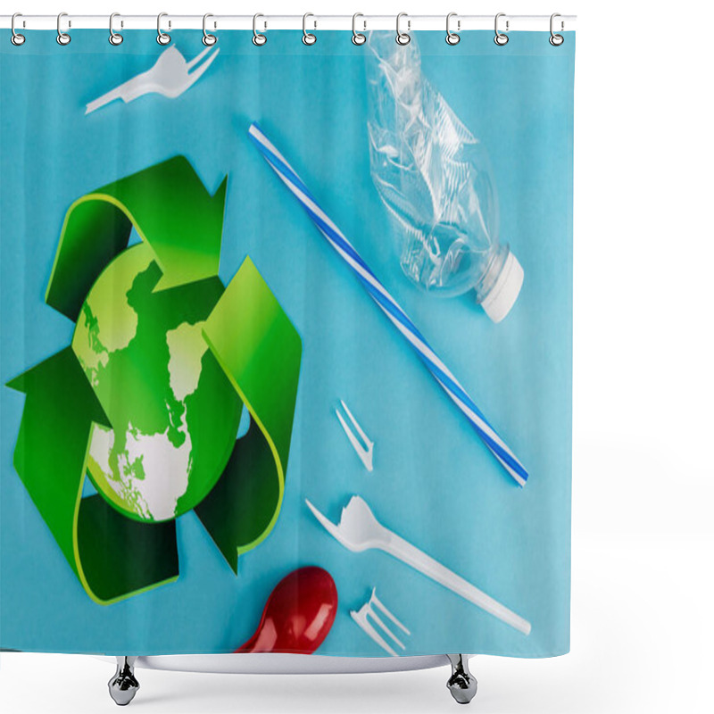 Personality  Top View Of Recycling Symbol Near Plastic Rubbish On Blue Background Shower Curtains