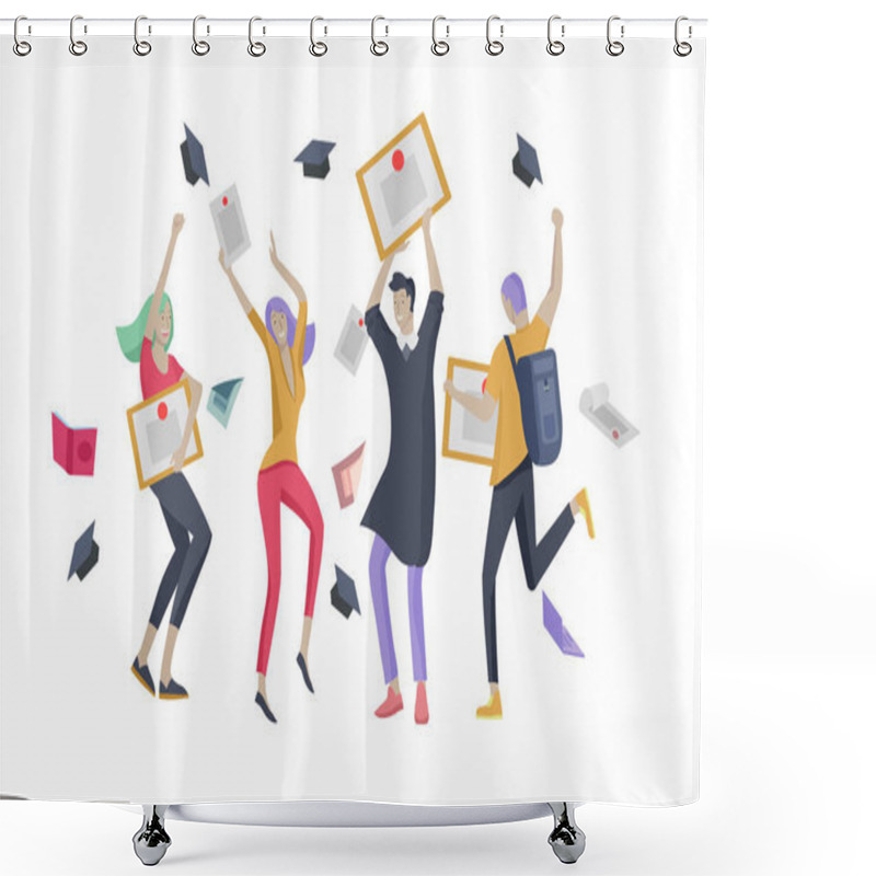 Personality  Group Smiling Graduates People In Graduation Gowns Holding Diplomas And Happy Jumping. Vector Illustration Concept Graduation Ceremony Cartoon Shower Curtains