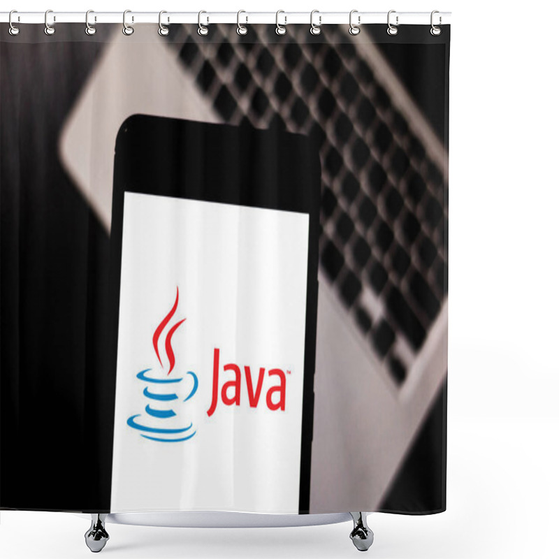 Personality  April 11, 2019, Brazil. Java Logo On Your Mobile Device. Java Is A Web Programming Language. It Is Developed By Oracle Corporation. Shower Curtains