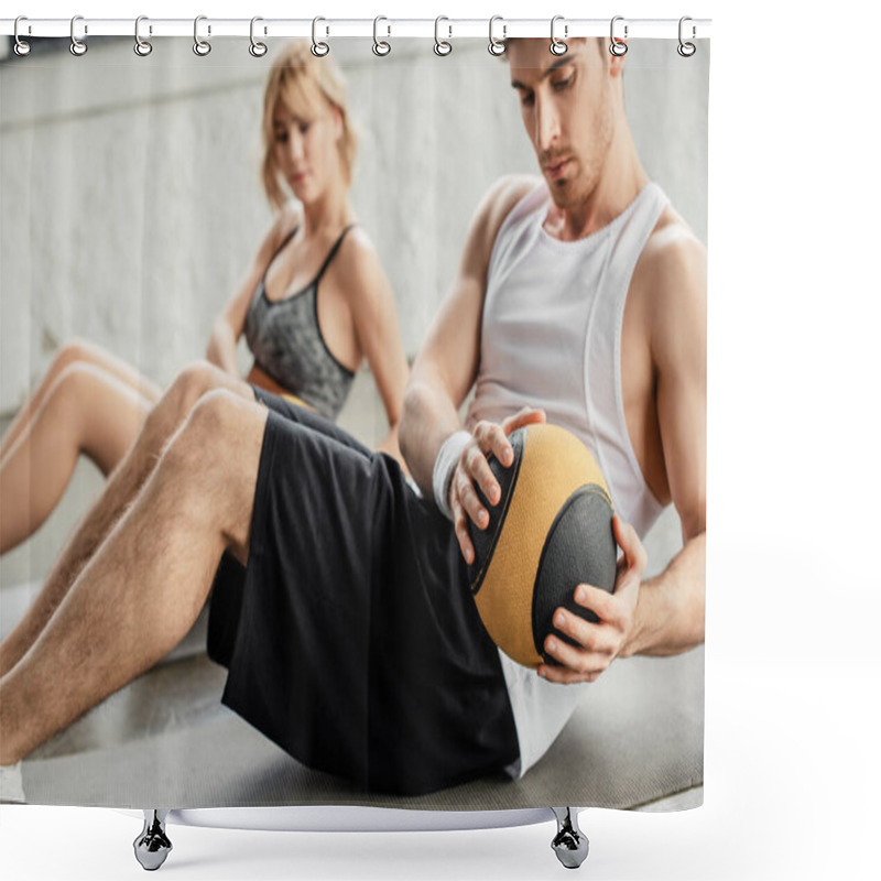 Personality  Selective Focus Of Handsome Sportsman Exercising With Ball On Fitness Mat Near Sportive Girl  Shower Curtains