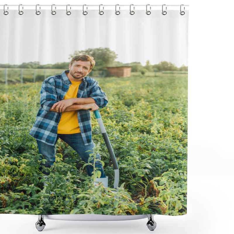 Personality  Farmer In Checkered Shirt Looking At Camera While Leaning On Shovel In Field Shower Curtains