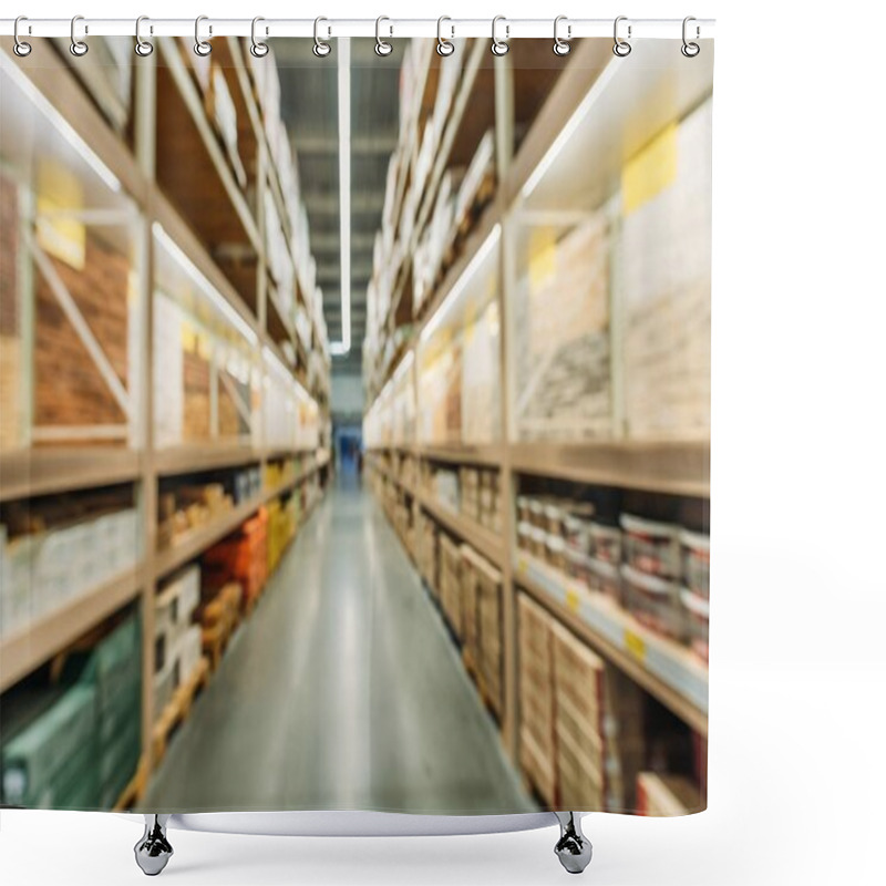 Personality  Blurred View Of Shelves With Boxes In Storage Shower Curtains