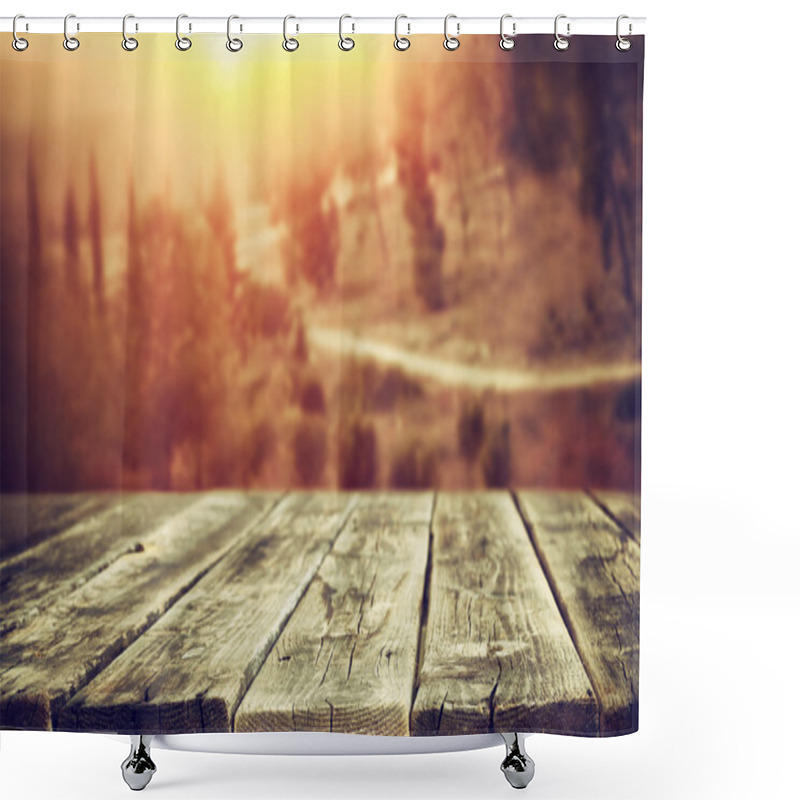 Personality  Rustic Wooden Planks In Front Of Forest Landscape In Sunset Shower Curtains