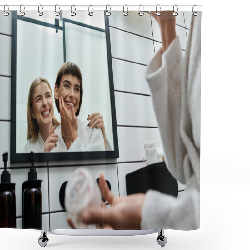 Personality  Two Women In Bath Robes Stand Before A Mirror In A Hotel Bathroom Shower Curtains