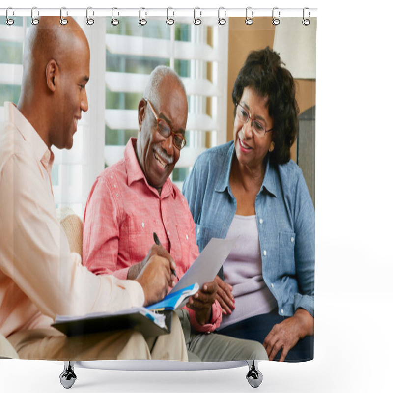 Personality  Financial Advisor Talking To Senior Couple At Home Shower Curtains