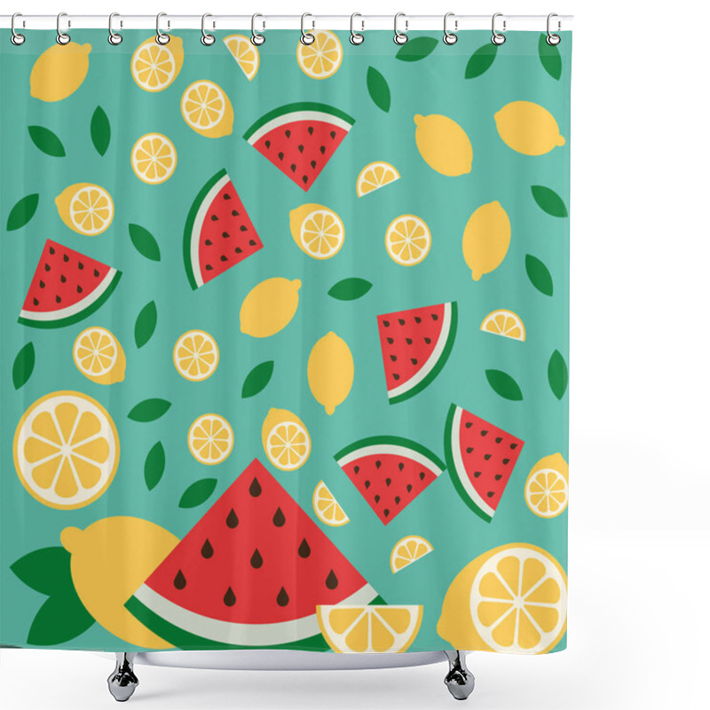 Personality  Watermelon And Lemon Citrus Vector Fun Pattern. Fruits On Green Mint Background Shower Curtains