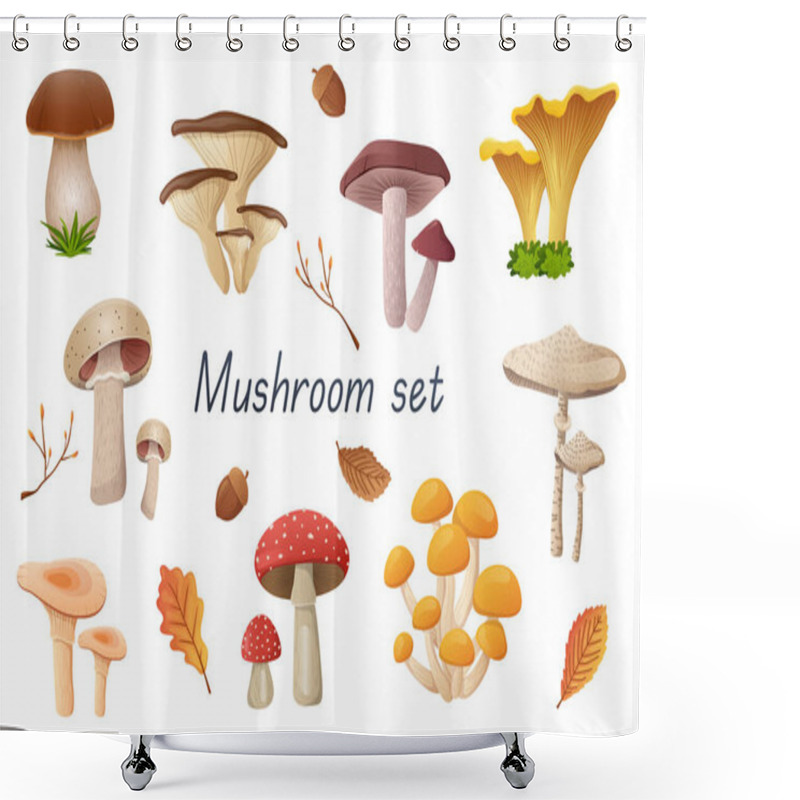 Personality  Mushrooms 3d Realistic Set. Bundle Of Cep, Russula, Golden Chanterelle, Champignon, Boletus, Fly Agaric, Oyster Mushrooms And Other Edible Or Non-edible Fungus Isolated Elements.Vector Illustration Shower Curtains