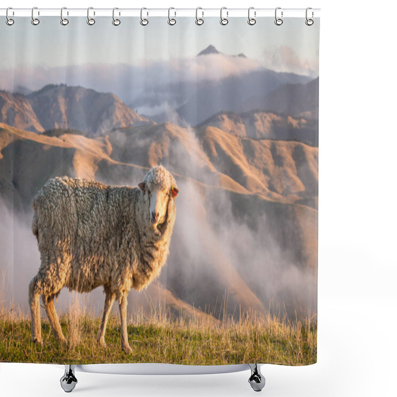 Personality  Grazing Merino Sheep With Mountains At Sunset  Shower Curtains