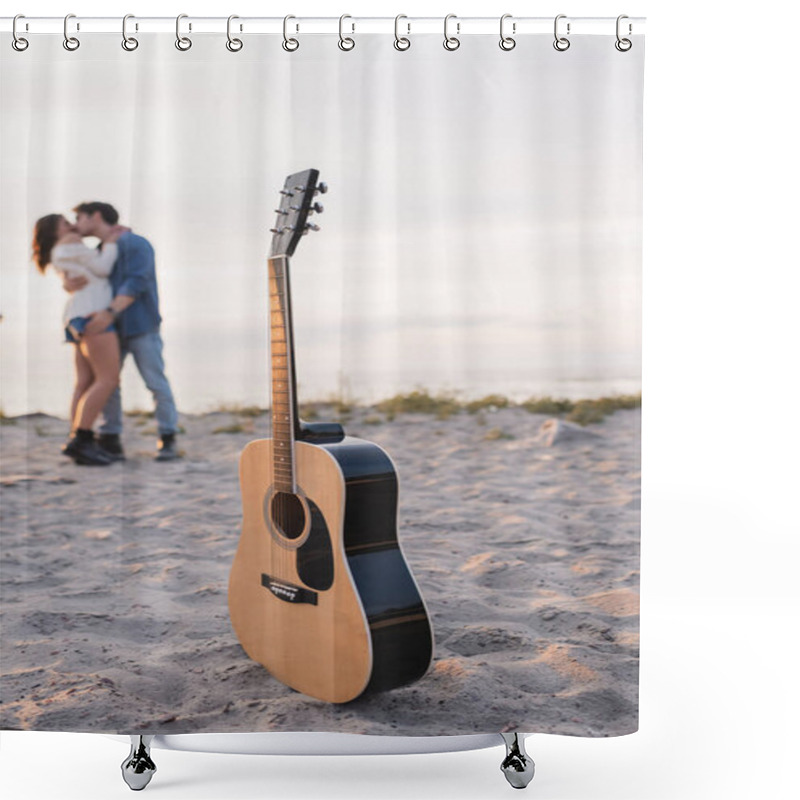 Personality  Selective Focus Of Acoustic Guitar On Sand And Young Couple Kissing On Beach At Sunset  Shower Curtains