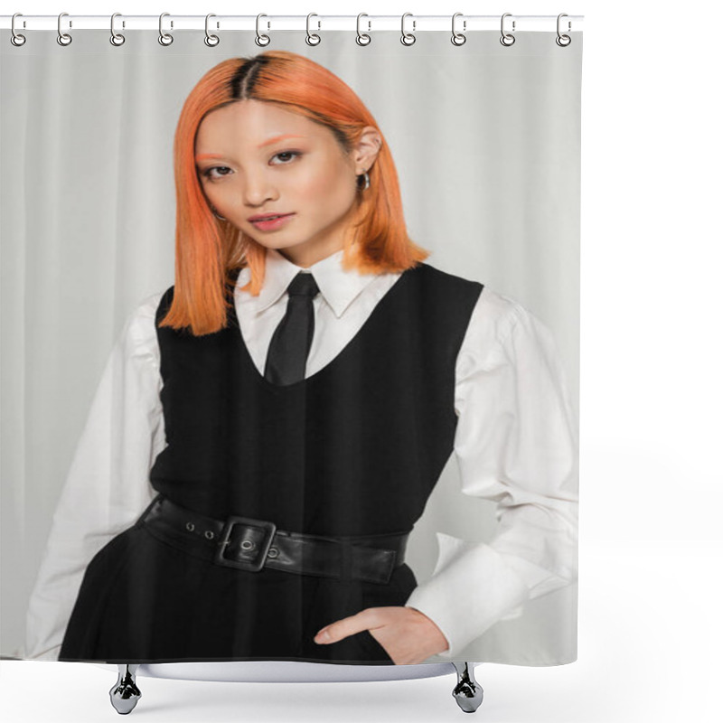 Personality  Beautiful And Trendy Asian Woman With Dyed Red Hair, In White Shirt, Black Tie, Vest And Pants Holding Hand In Pocket And Looking At Camera On Grey Background, Business Casual, Youth Culture Shower Curtains