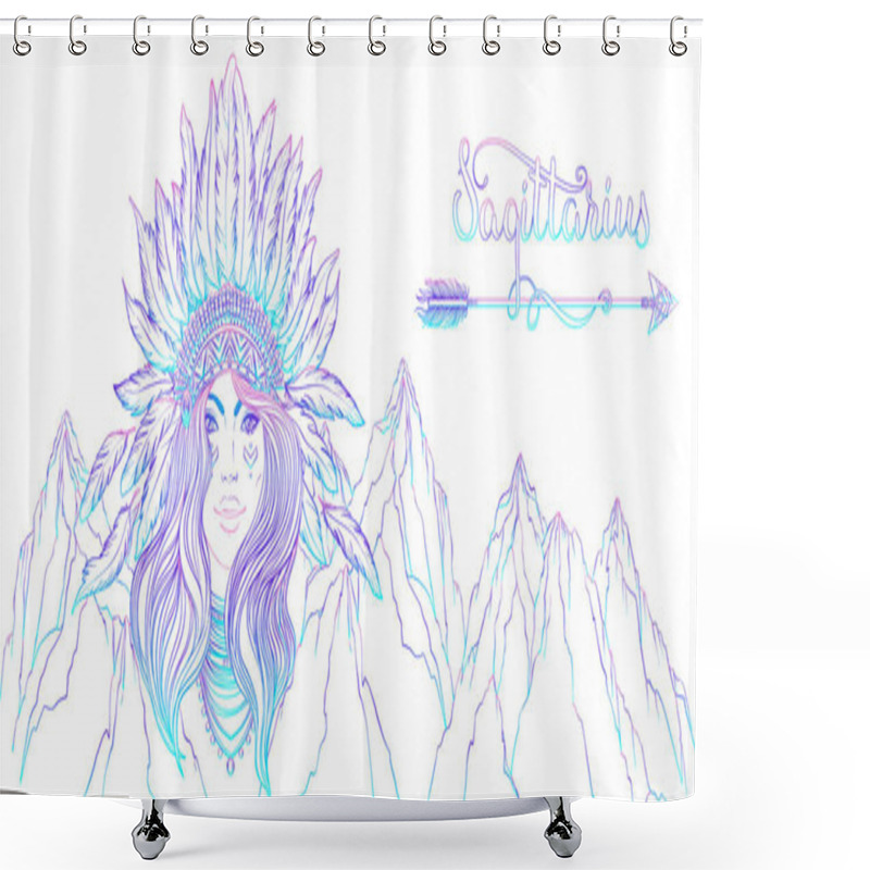 Personality  Tribal Fusion Boho Diva. Black And White Illustration Of Native American Indian Girl In Traditional Feather Headdress Bonnet. Adult Anti-stress Coloring Book Page. Shower Curtains