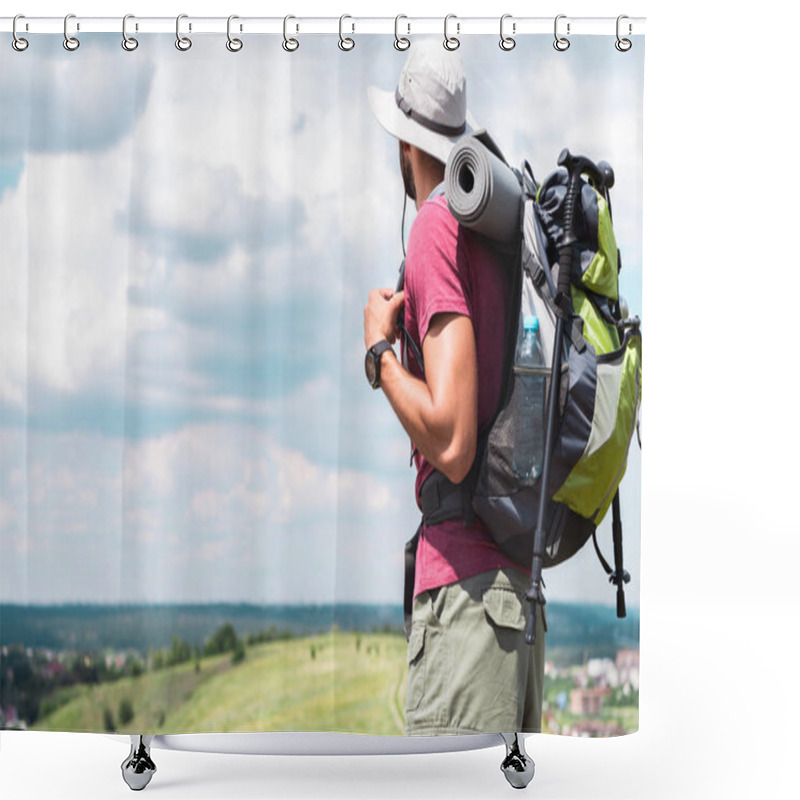 Personality  Male Traveler In Hat With Backpack And Tourist Mat Looking At Summer Meadow Shower Curtains