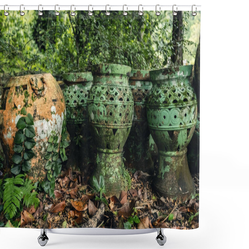 Personality  Old Clay Pots Covered With Moss And Ivy Plants In The Garden In Malaysia Shower Curtains