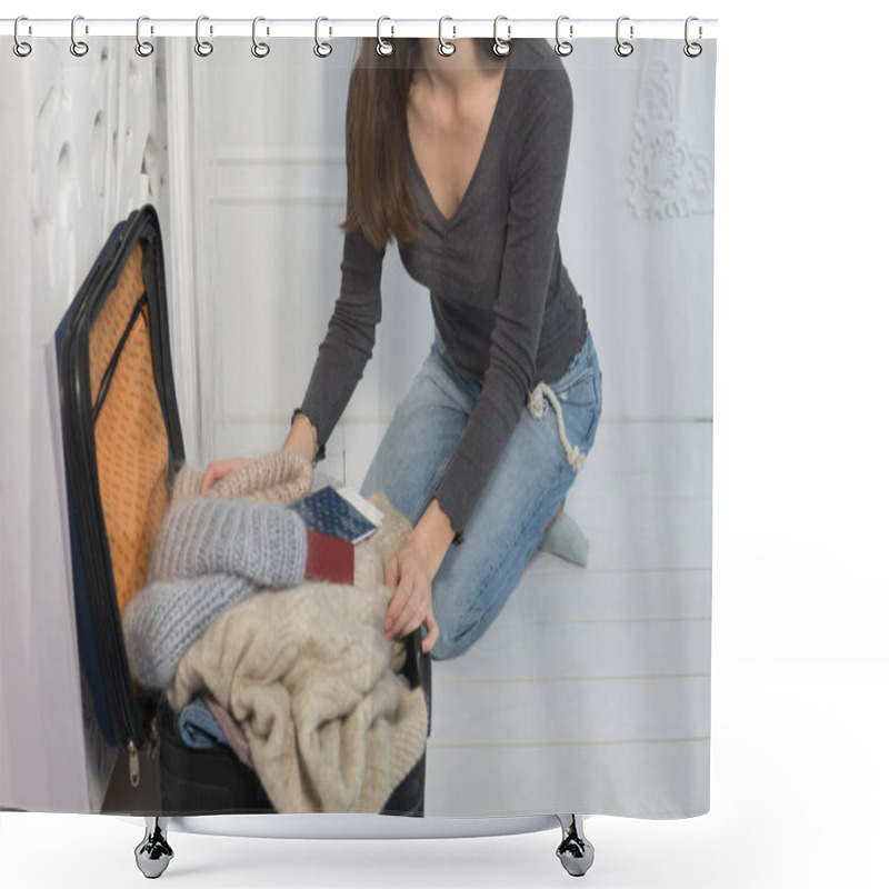 Personality  Young Woman Is Collecting A Suitcase. The Traveler Preparing For Journey, Personal Perspective View. That Take From Things In Cold Country. Going To Russia Shower Curtains