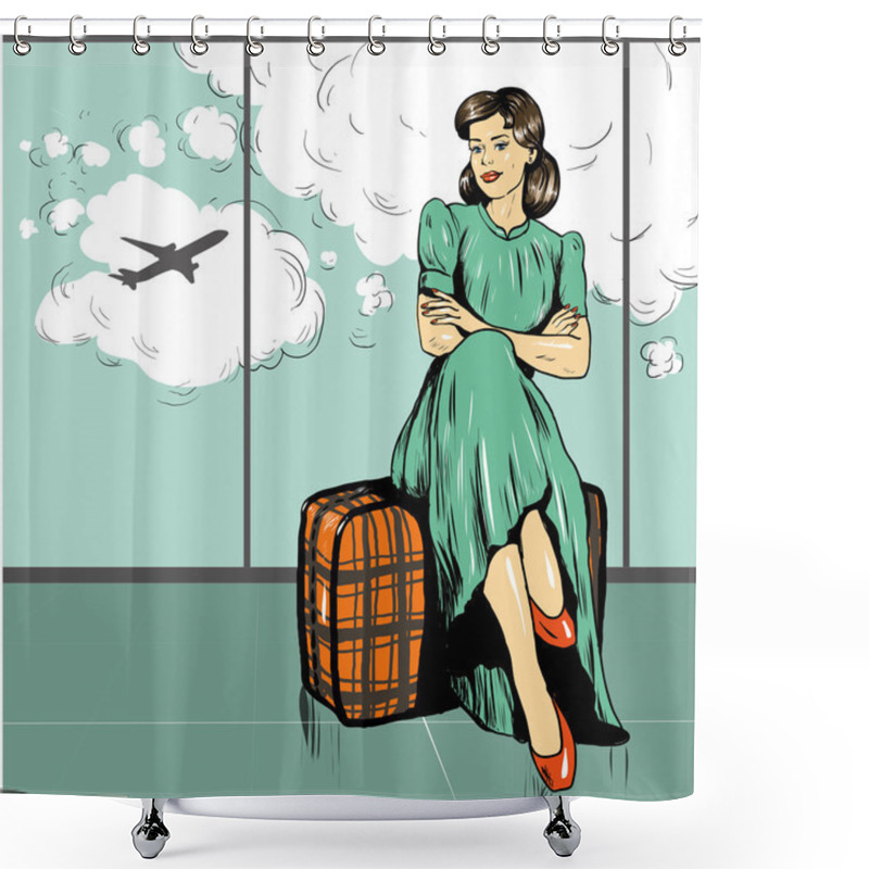 Personality  Beautiful Woman Sit On A Bag In Airport. Vector Illustration In Comic Retro Pop Art Style Shower Curtains