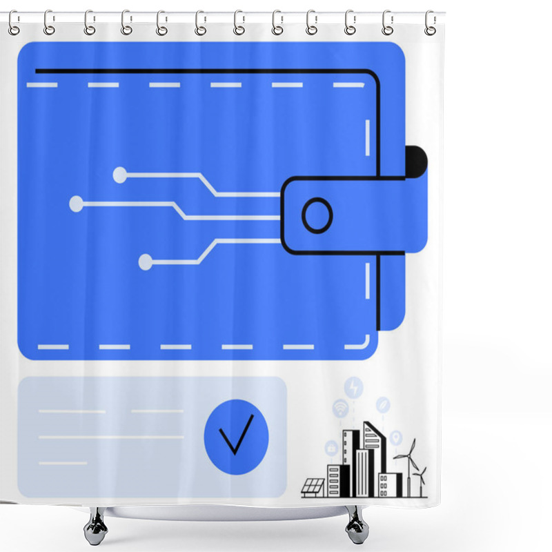 Personality  Digital Wallet With Circuit Lines And Checkmark. Smart City Buildings And Renewable Energy Icons. Ideal For Fintech, Digital Finance, Smart Cities, Renewable Energy, Eco-friendly Tech, Electronic Shower Curtains