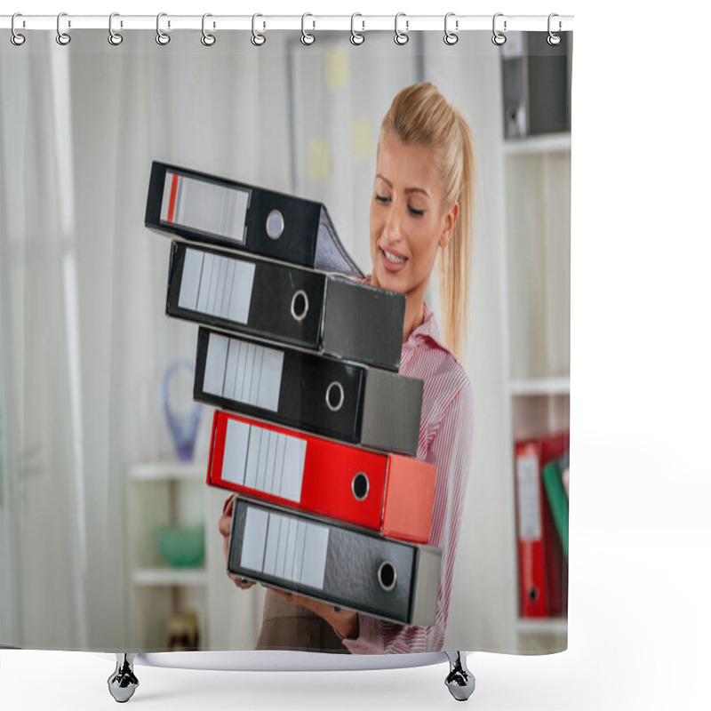 Personality  Young Tired And Worried Business Woman Working In Office With Binders Shower Curtains