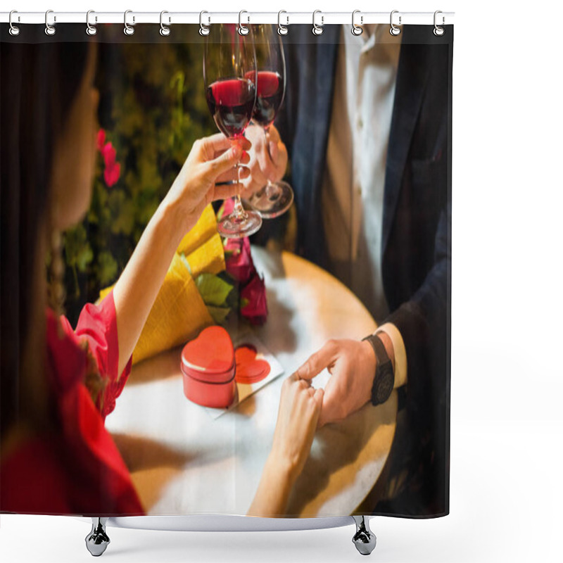 Personality  Partial View Of Man Clinking Glasses Of Red Wine With Girlfriend While Making Marriage Proposal Shower Curtains