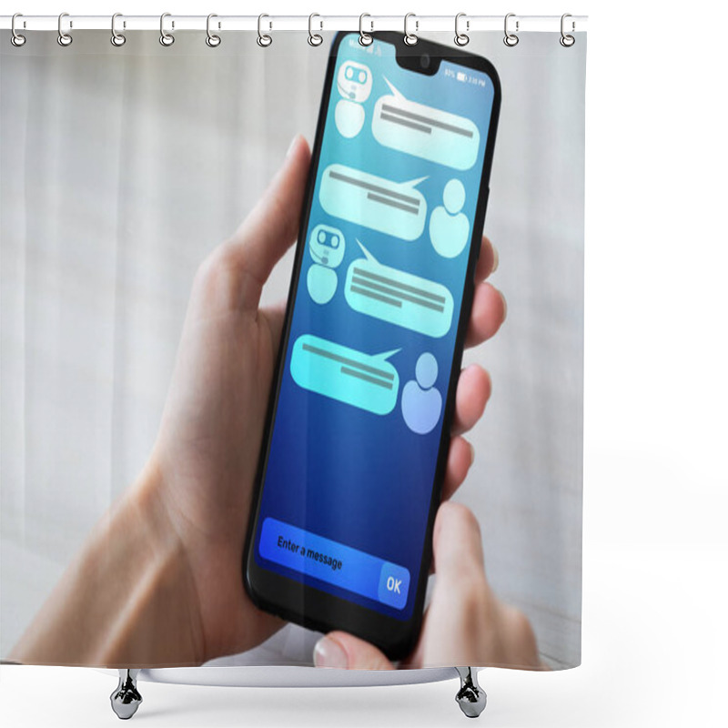 Personality  Customer And Chatbot Dialog On Smartphone Screen. AI. Artificial Intelligence And Service Automation Technology Concept. Shower Curtains