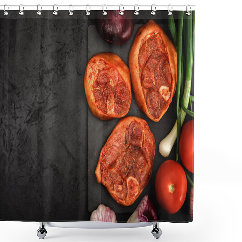 Personality  Raw Pork Shank Barbecue Steaks In A Marinade With Fresh Vegetables, Spices, Onions And Garlic On A Stone Cutting Board On Black Concrete Background. Top View. Creative Artistic Layout With Copy Space Shower Curtains