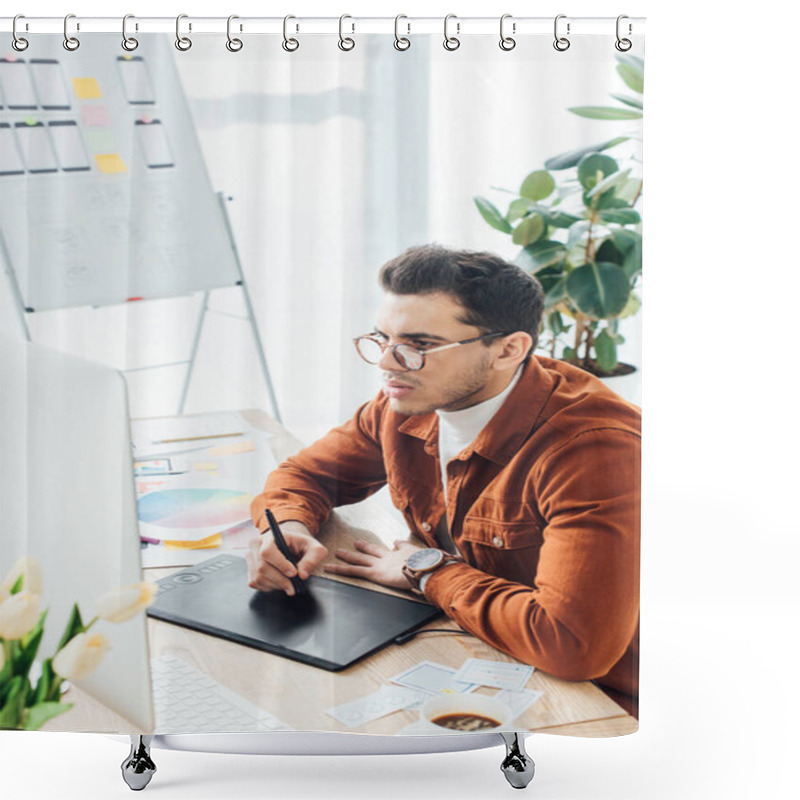 Personality  Ux Designer Using Graphics Tablet And Computer Near App Layouts On Table In Office Shower Curtains