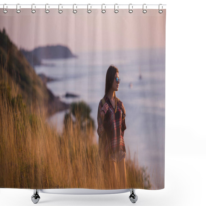 Personality  Summer Sunny Lifestyle Fashion Portrait Of Young Stylish Hipster Woman Walking In Mountains, Wearing Cute Trendy Outfit, Smiling Enjoy Weekends, Travel With Backpack. Awesome Ocean View On A Shower Curtains