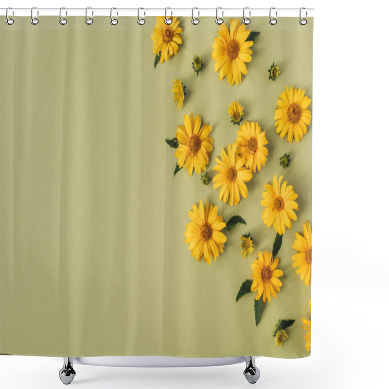 Personality  Flat Lay Yellow Daisy Flower Buds. Top View. Shower Curtains