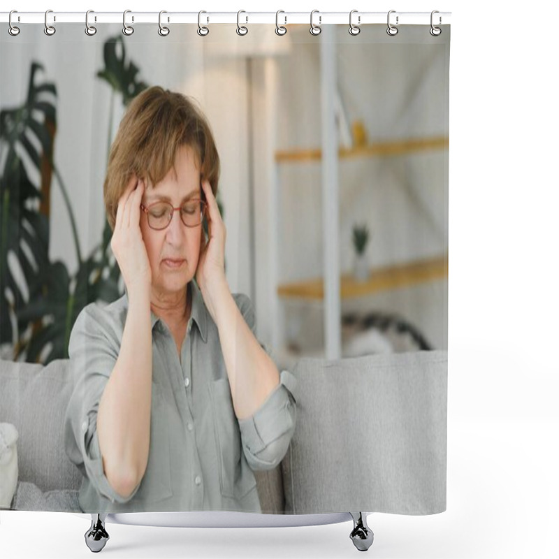 Personality  Elderly Senior Woman Massaging Her Temples To Reduce Her Headache. Older Lady Feeling Scared, Anxious, And Thinking Of Sickness Or Mental Health While Suffering From A Severe Migraine Or Memory Loss. Shower Curtains