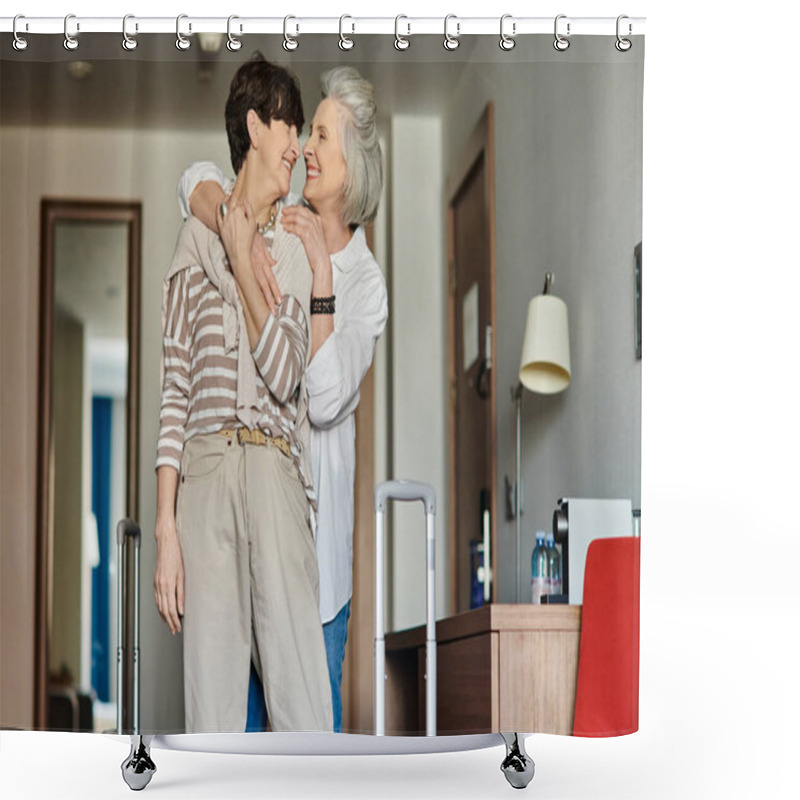 Personality  Senior Lesbian Couple Stand In A Cozy Living Room, Sharing A Moment Of Intimacy And Connection. Shower Curtains